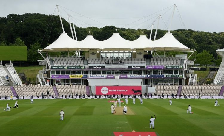 Players of England and Windies took a knee in support of the 'Black Lives Matter' movement(Credits: Twitter/ England Cricket)