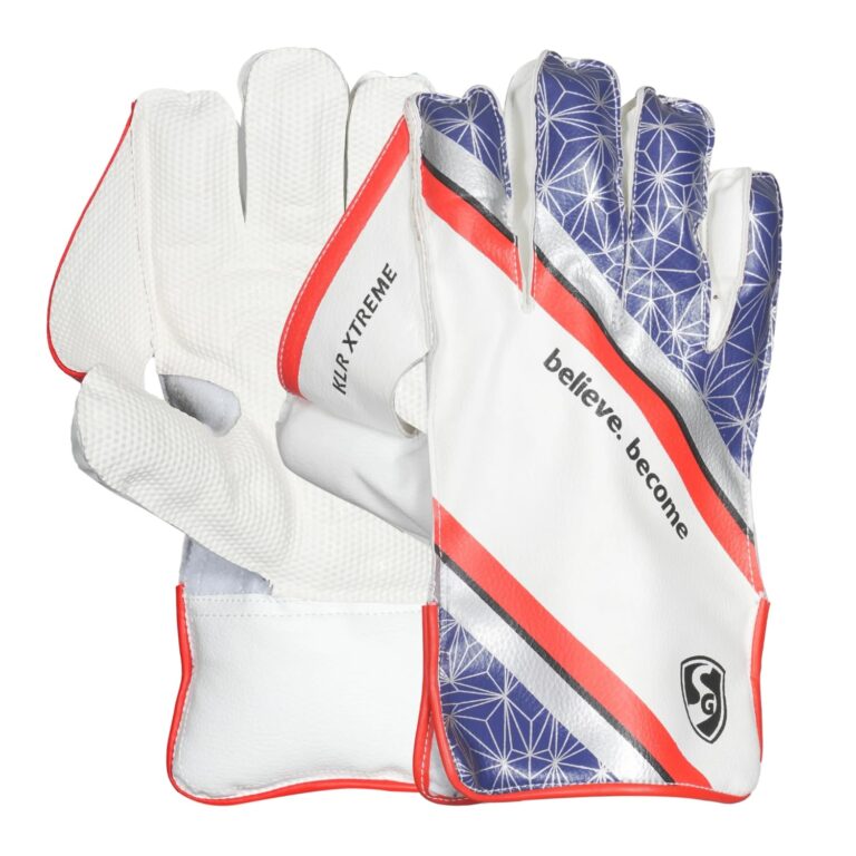 SG KLR Xtreme Wicket Keeping Gloves White and Blue with Red Trim (Adult)