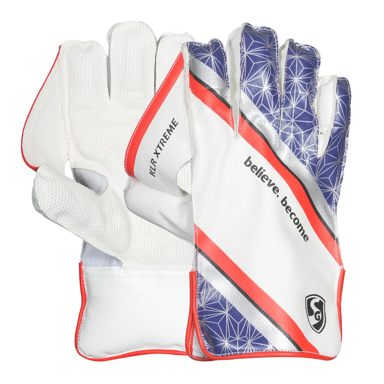 SG KLR Xtreme Wicket Keeping Gloves White and Blue with Red Trim (Adult)